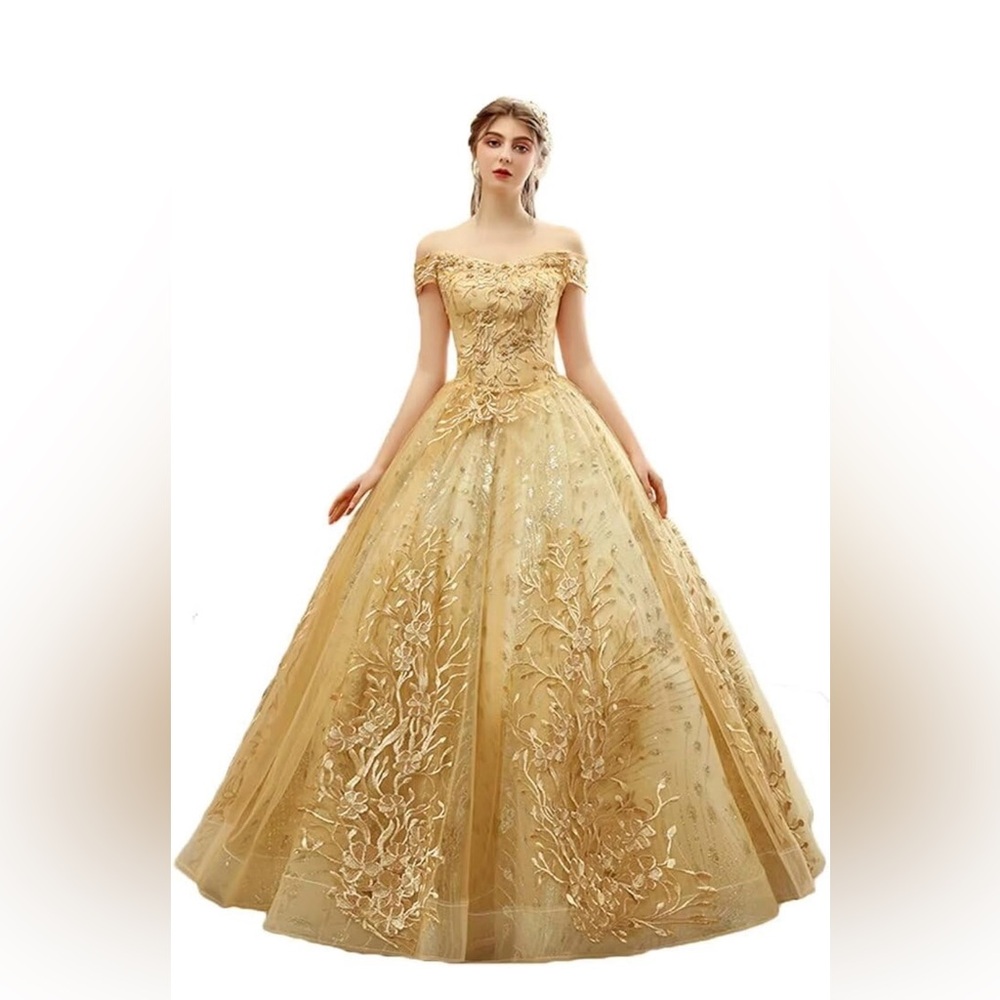 Assulla Luxury Beaded Quinceañera/Prom/ Ball Gold Off-Shoulder Gown Dress